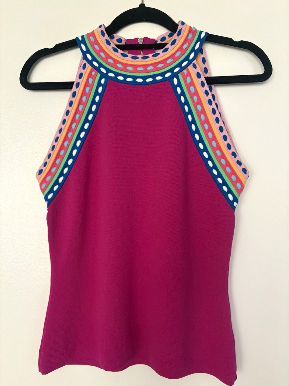 Milly Pink Knit Halter Neck Sleeveless Tank Top w/ Zip & Embroidered Trim S
